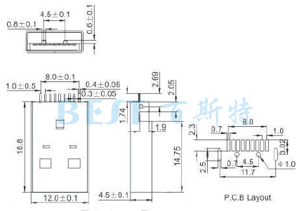 USB插座USB-A-02 3.0参考图纸 USB插座USB-A-02 3.0参考图纸