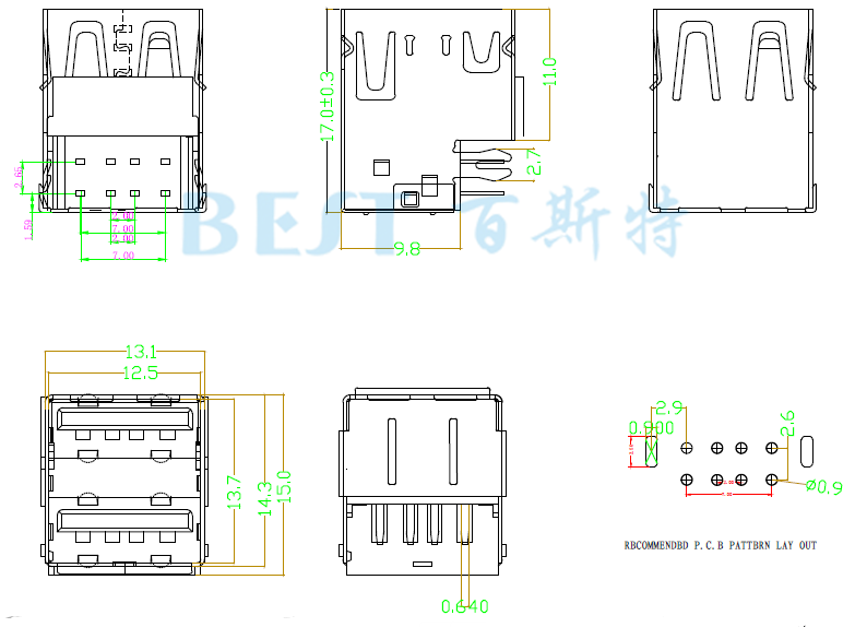 USB插座USB-A2-03参考图纸 USB插座USB-A2-03参考图纸