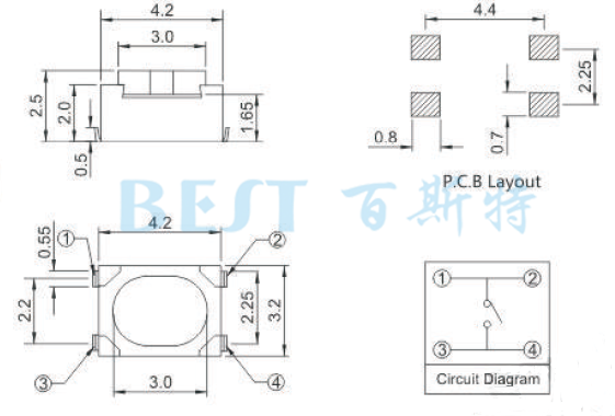 轻触开关TS-1180U参考图纸 轻触开关TS-1180U参考图纸